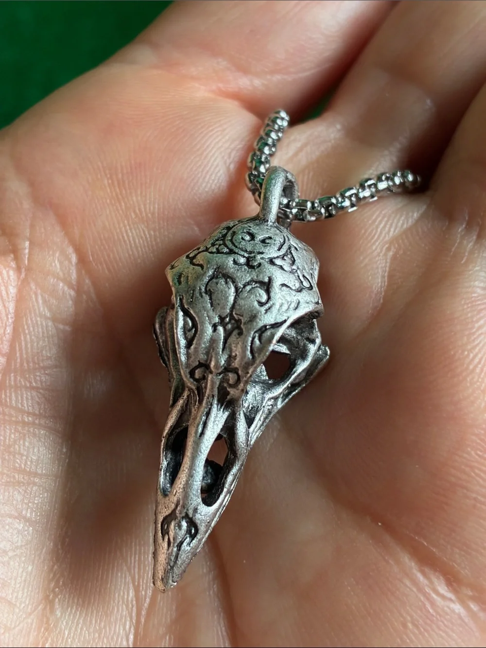 Gothic raven crow skull pendant necklace in silvertone Edgar Allan Poe inspired